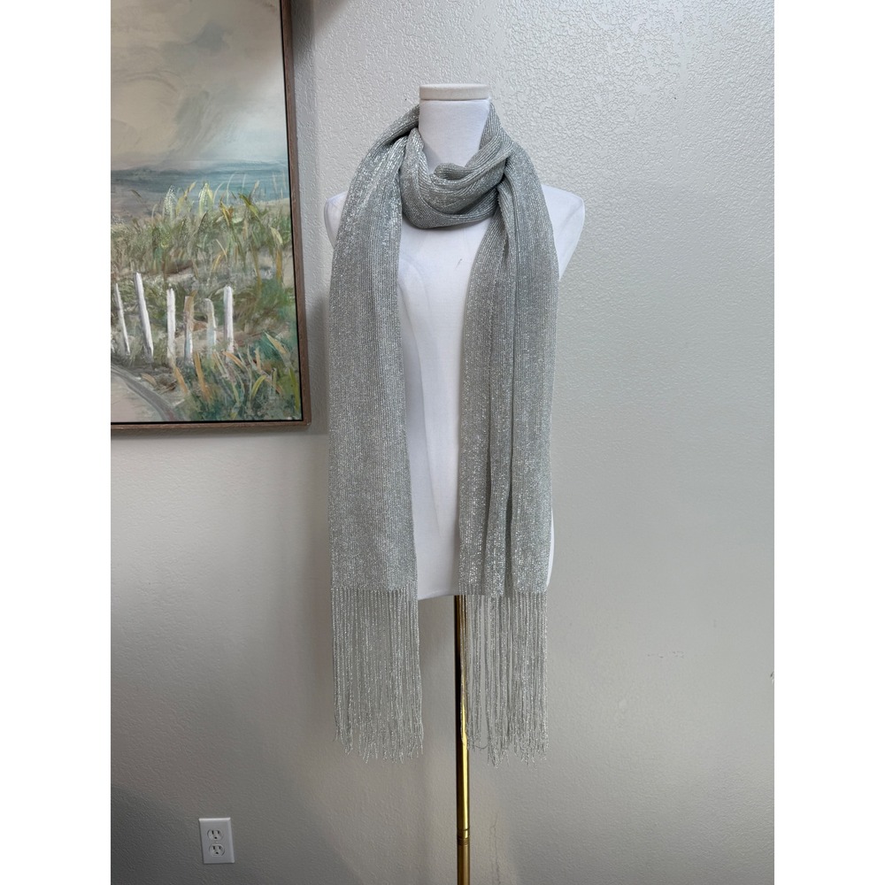 Silver Metallic Knit Fringe Scarf